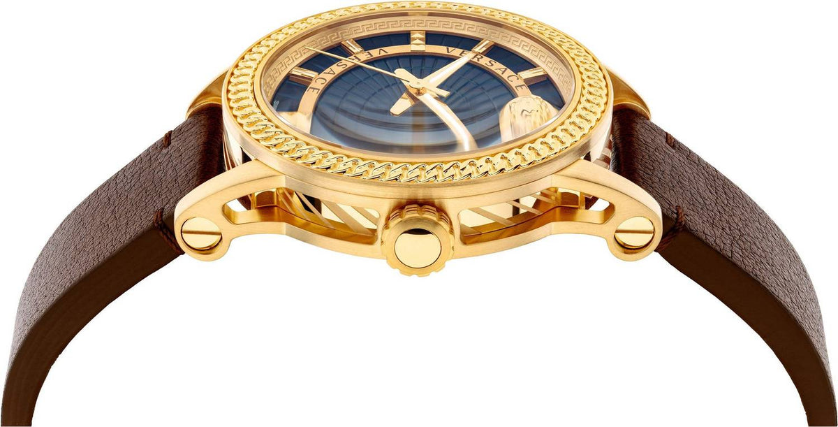 Versace Code Quartz Blue Dial Brown Leather Strap Watch For Men - VEPO00220