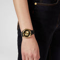 Versace Shadov Quartz Gold Dial Black Leather Strap Watch for Women - VEBM00318