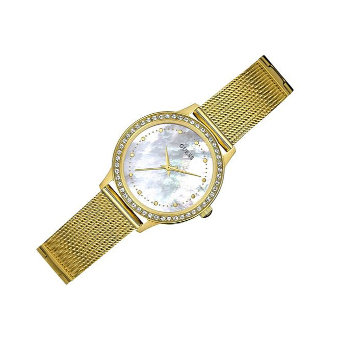 Guess Chelsea Mother of Pearl White Dial Gold Mesh Strap Watch For Women - W0647L3