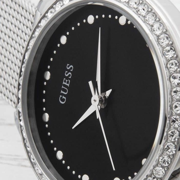 Guess Chelsea Crystals Black Dial Silver Mesh Bracelet Watch For Women  - W0647L5