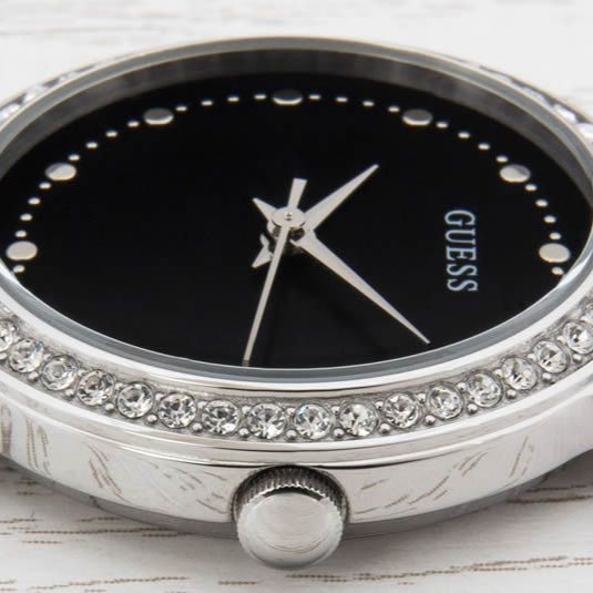 Guess Chelsea Crystals Black Dial Silver Mesh Bracelet Watch For Women  - W0647L5