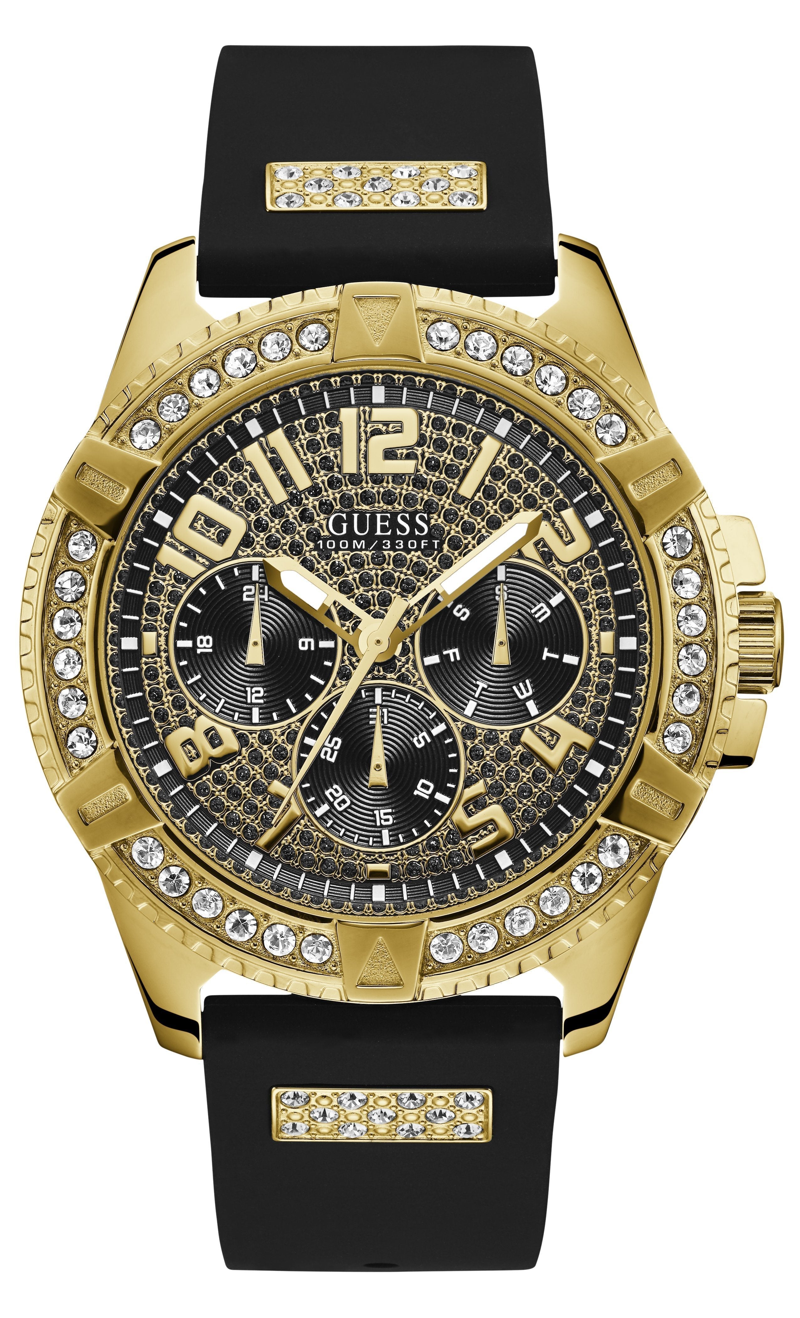 Guess Frontier Crystals Black Dial Black Silicone Strap Watch For Men - W1132G1