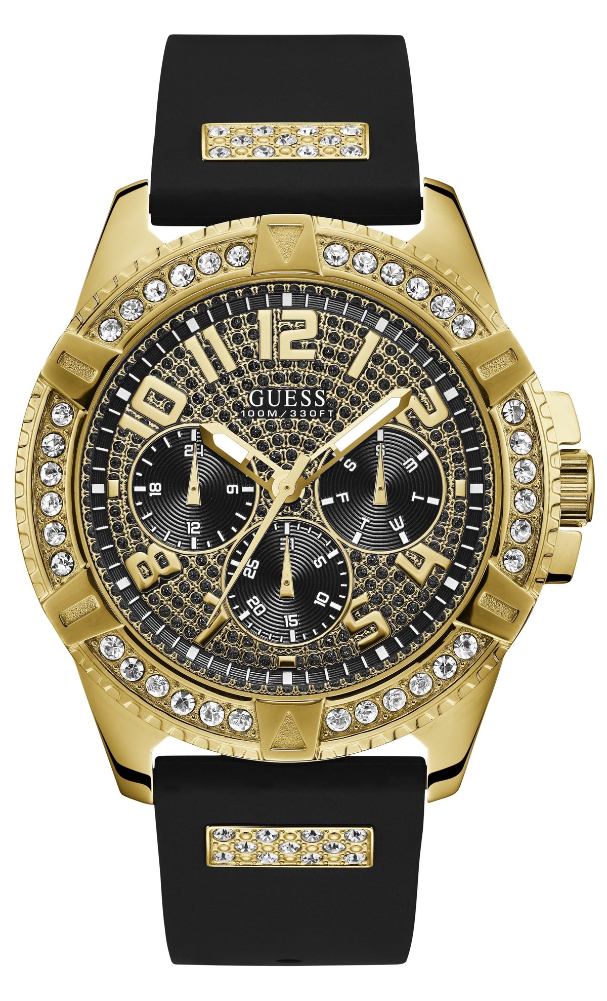 Guess Frontier Crystals Black Dial Black Silicone Strap Watch For Men - W1132G1