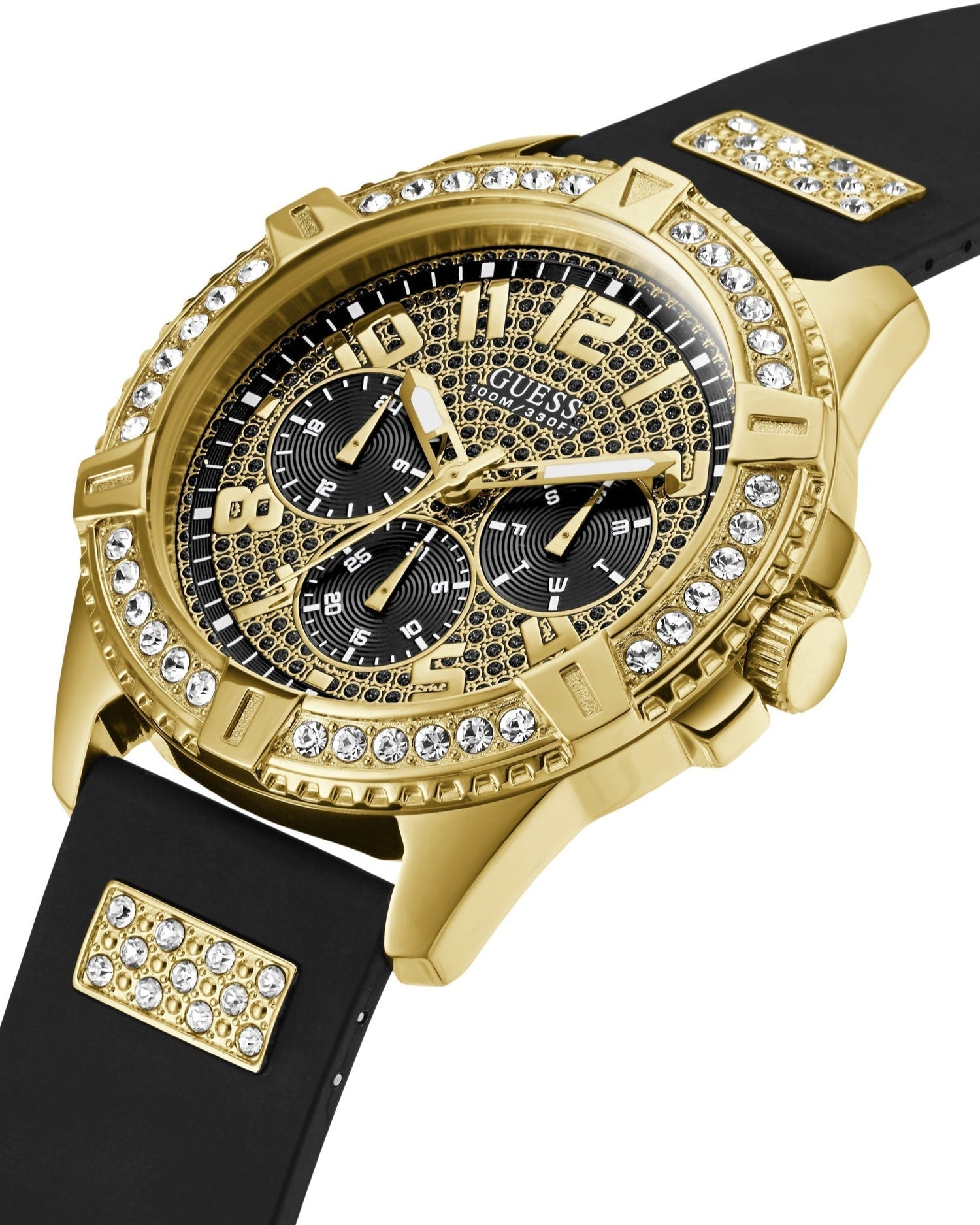 Guess Frontier Crystals Black Dial Black Silicone Strap Watch For Men - W1132G1