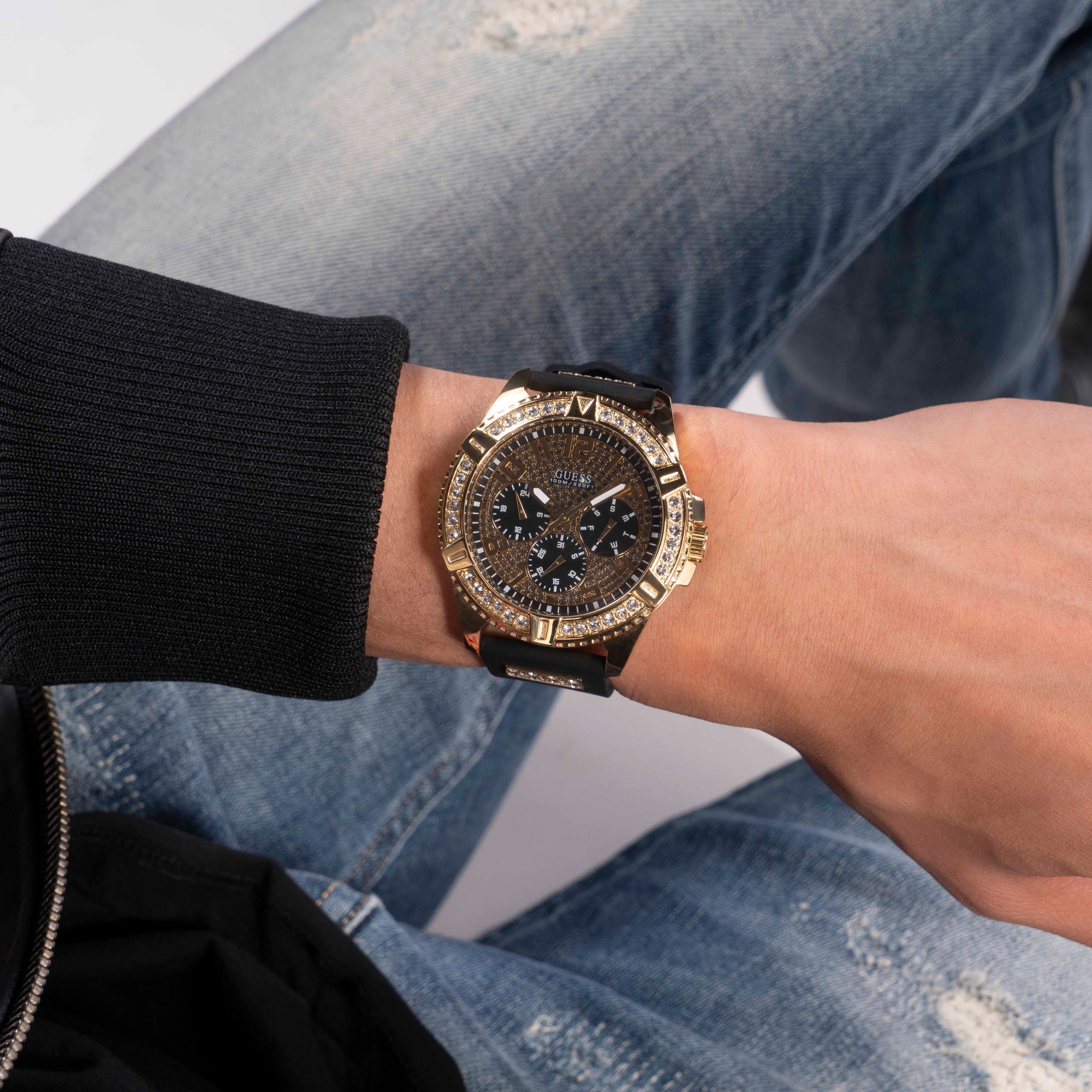 Guess Frontier Crystals Black Dial Black Silicone Strap Watch For Men - W1132G1