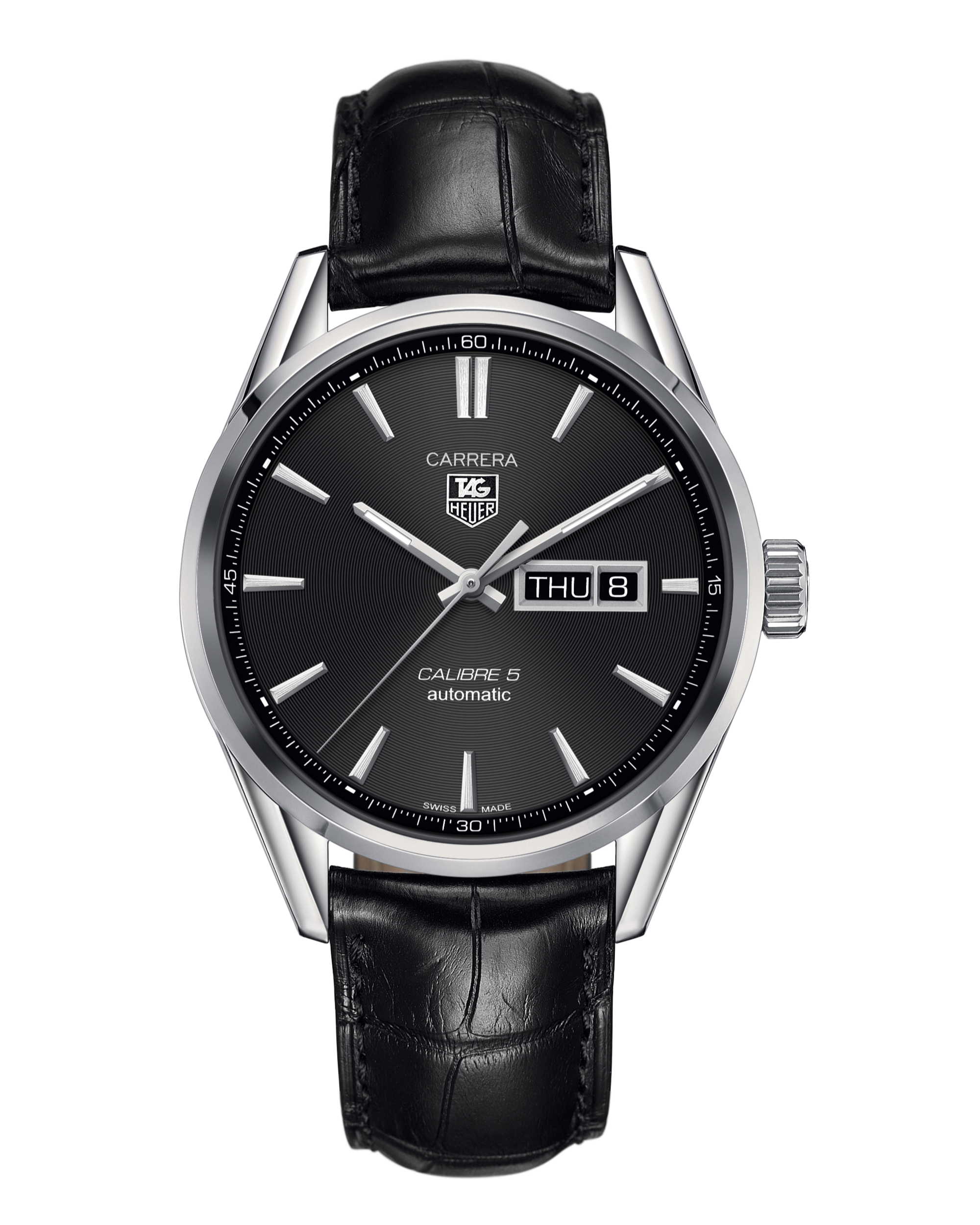 Tag Heuer Carrera Automatic Black Dial Black Leather Strap Watch for Men - WAR201A.FC6266