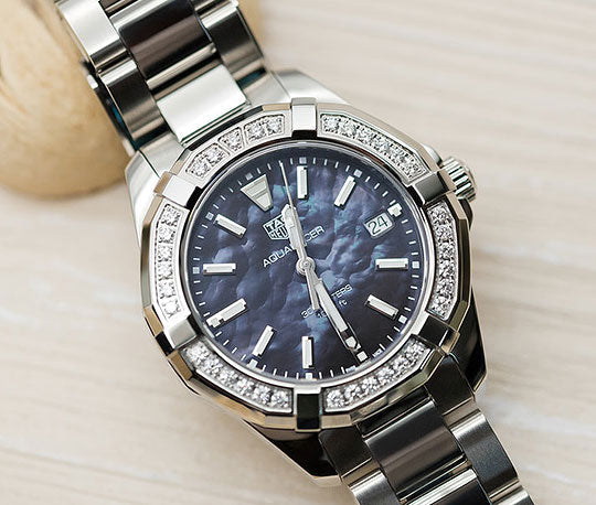Tag Heuer Aquaracer Quartz Diamonds Black Dial Silver Steel Strap Watch for Women - WAY131P.BA0748