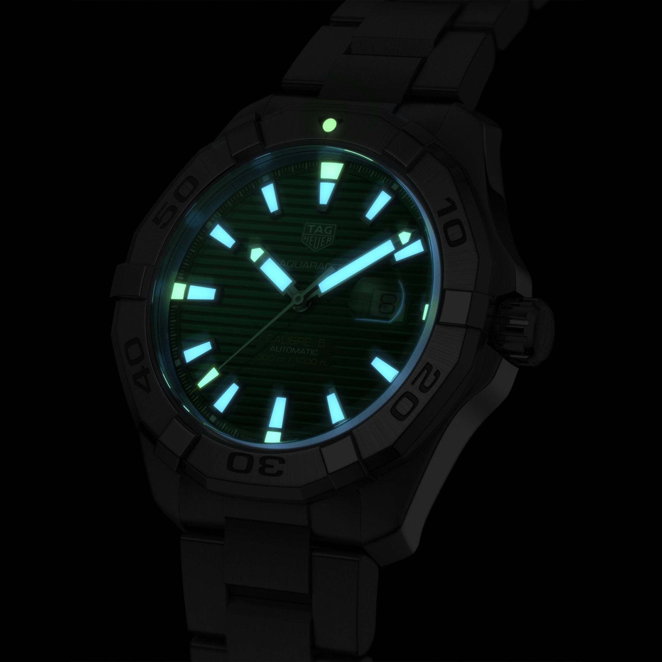 Tag Heuer Aquaracer Calibre 5 Automatic Green Dial Silver Steel Strap Watch for Men - WAY2015.BA0927