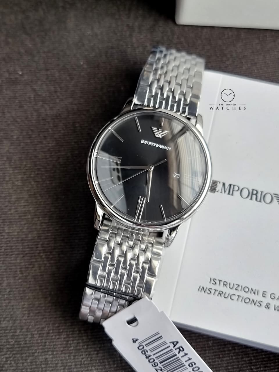 Emporio Armani Minimalist Black Dial Silver Steel Strap Watch for Men - AR11600