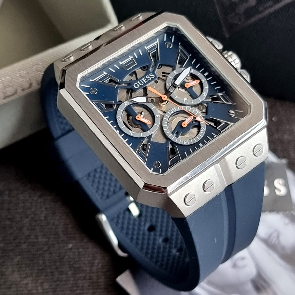 Guess Leo Chronograph Navy Blue Dial Blue Silicone Strap Watch For Men - GW0637G1