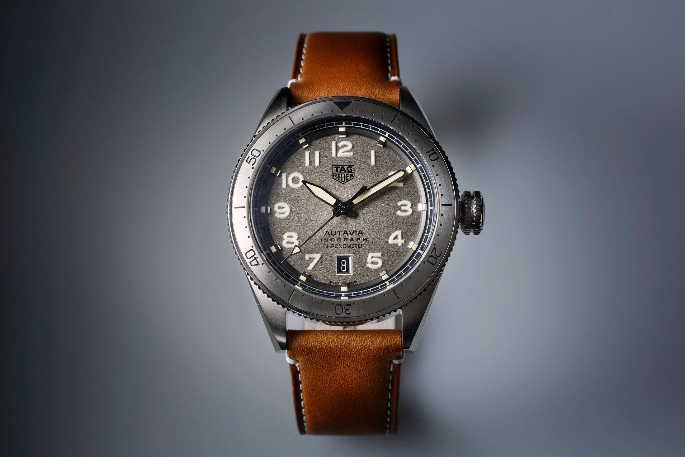 Tag Heuer Autavia Isograph Grey Dial Calfskin Brown Leather Strap Watch for Men - WBE5111.FC8267