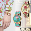 Gucci G Timeless Floral Gold Dial White Leather Strap Watch For Women - YA1264084