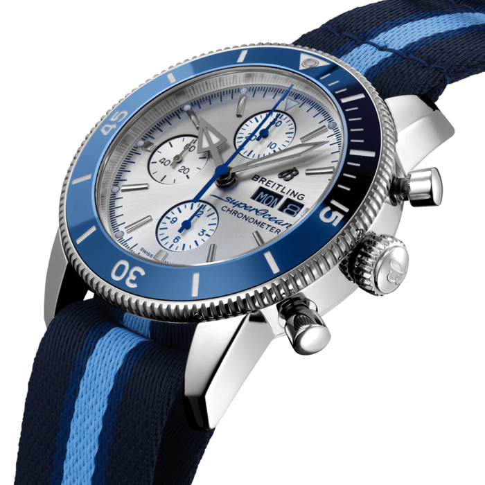 Breitling Superocean Heritage Chronograph 44 Ocean Conservancy Silver Dial Two Tone NATO Strap Watch for Men - A133131A1G1W1