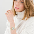 Guess Chelsea Crystals Mother of Pearl White Dial Gold Mesh Bracelet Watch For Women - W0647L7