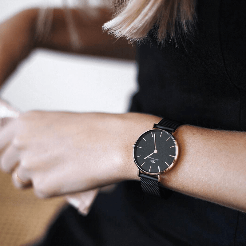 Daniel Wellington Petite Ashfield Black Dial Black Mesh Strap Watch for Women - DW00100307