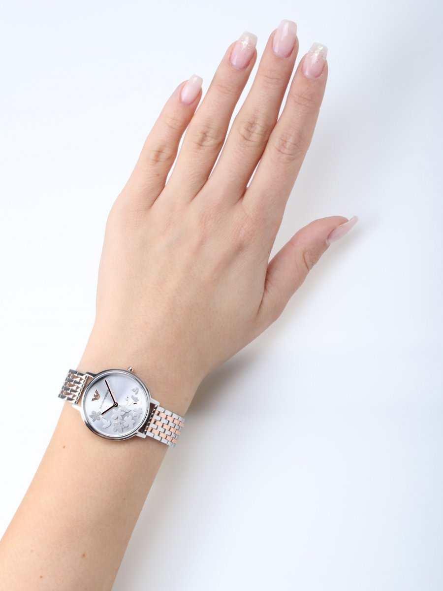 Emporio Armani Silver Sunray Dial Two Tone Steel Strap Watch For Women - AR11113
