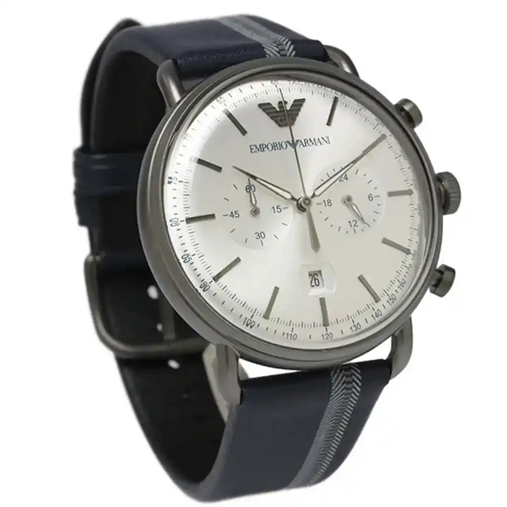 Emporio Armani Aviator Silver Dial Two Tone Leather Strap Watch for Men - AR11202