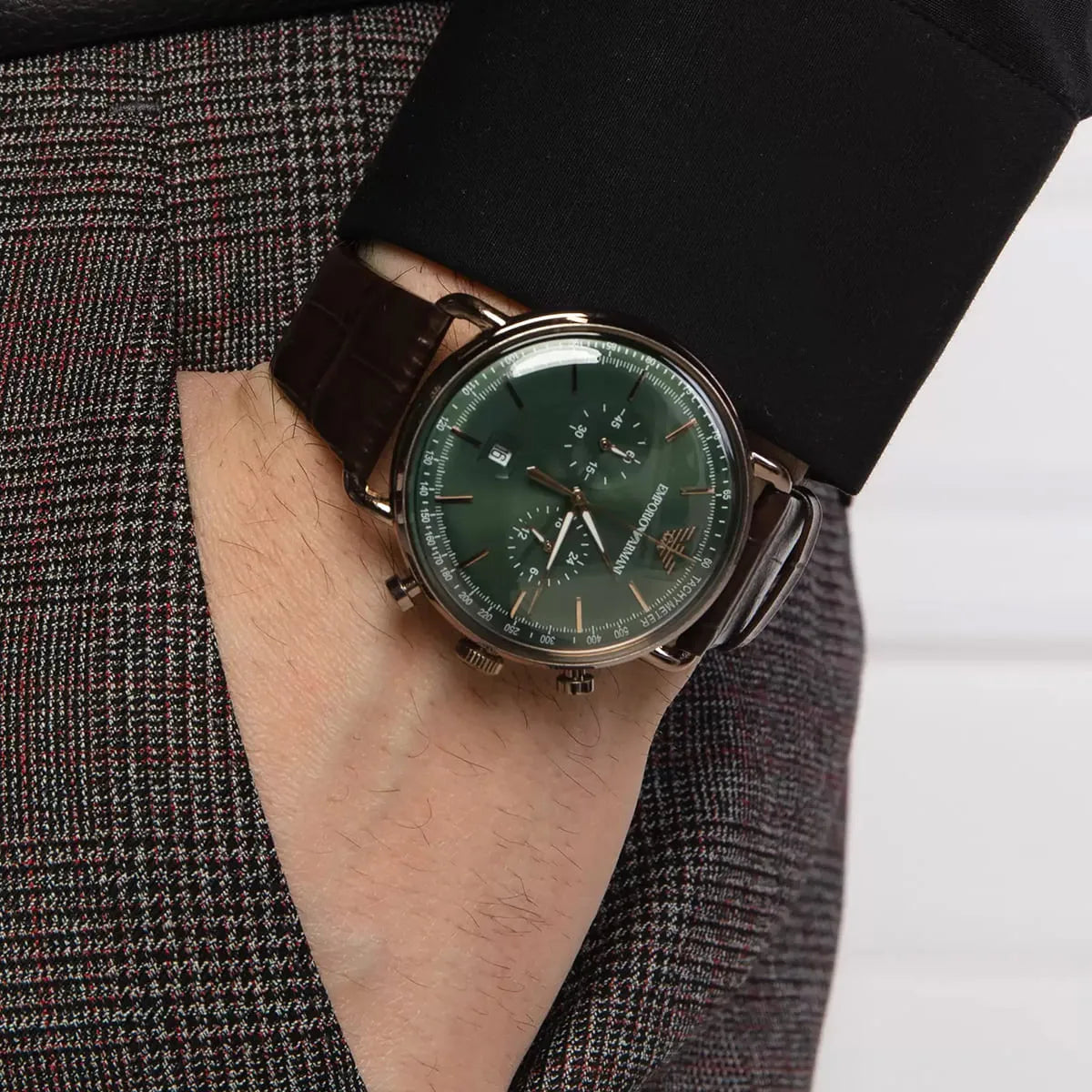 Emporio Armani Aviator Green Dial Brown Leather Strap Watch for Men - AR11334