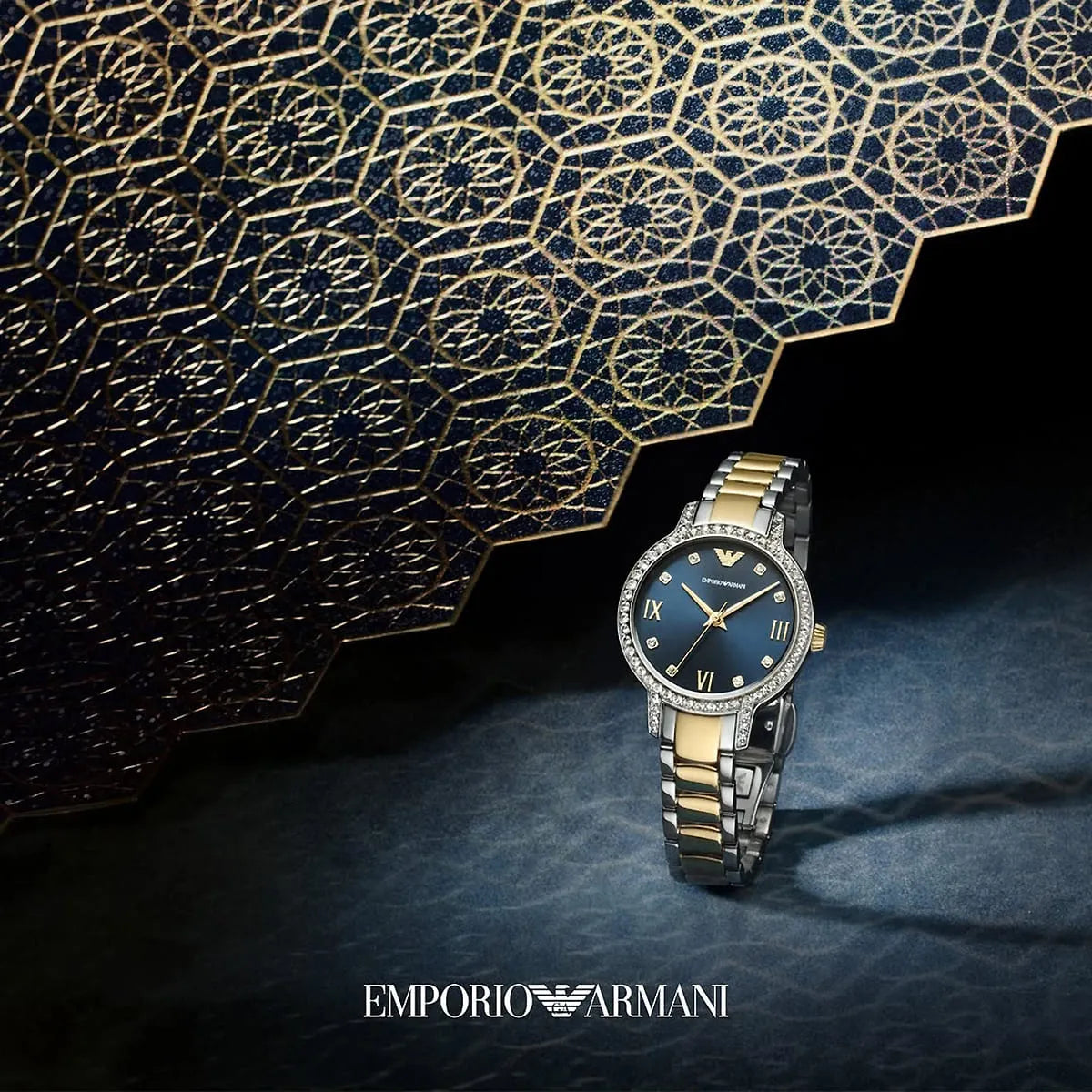 Emporio Armani Cleo Blue Dial Two Tone Steel Strap Watch for Women - AR11576