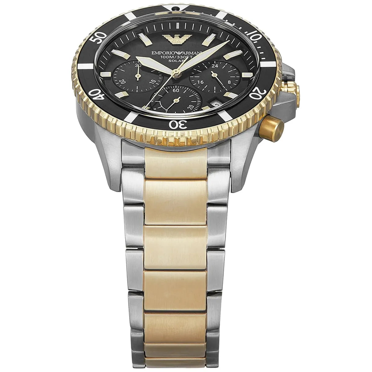 Emporio Armani World Explorer Solar Powered Chronograph Black Dial Two Tone Steel Strap Watch for Men - AR11680