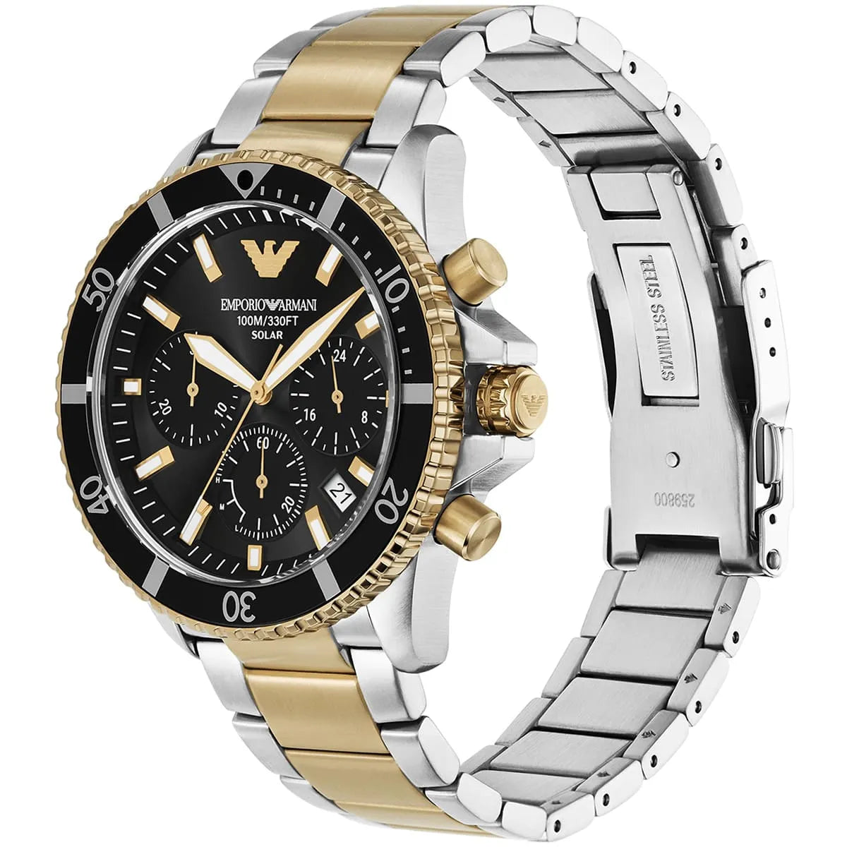 Emporio Armani World Explorer Solar Powered Chronograph Black Dial Two Tone Steel Strap Watch for Men - AR11680