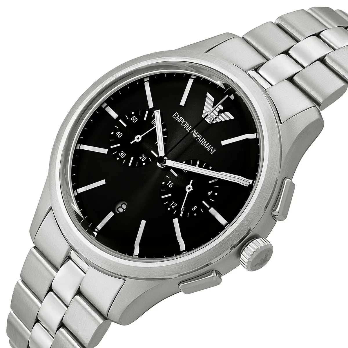 Emporio Armani Ruggero Chronograph Black Dial Silver Steel Strap Watch for Men - AR11691
