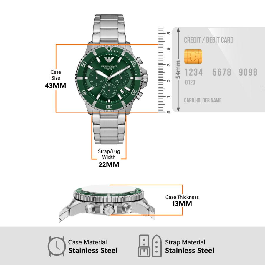 Emporio Armani World Explorer Solar Chronograph Green Dial Silver Steel Strap Watch for Men - AR11741