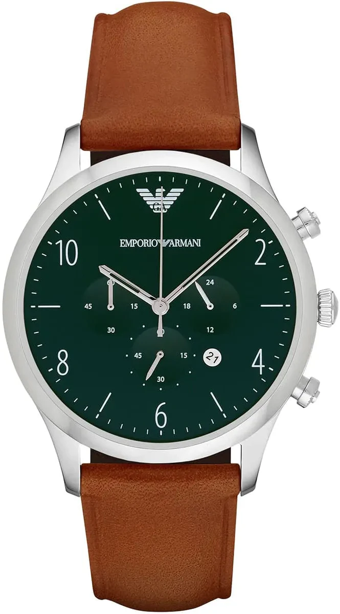 Emporio Armani Beta Chronograph Green Dial Brown Leather Strap Watch for Men - AR1941