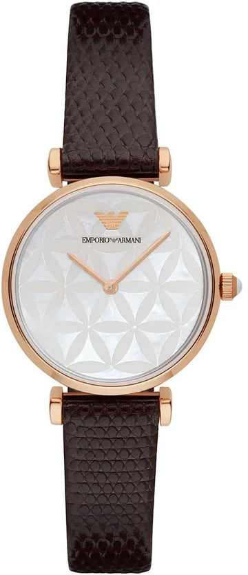 Emporio Armani Gianni T-Bar Silver Dial Brown Leather Strap Watch for Women - AR1990