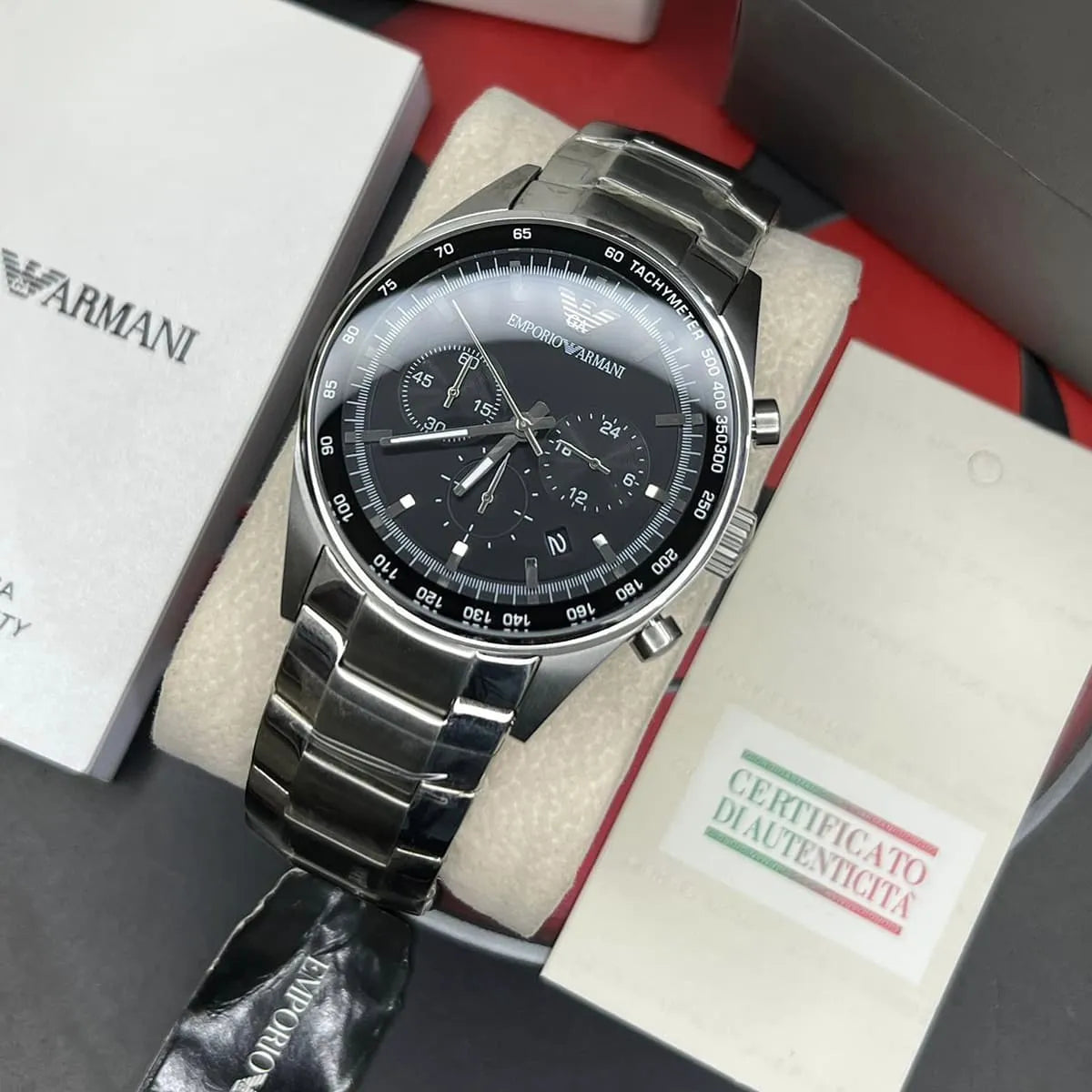 Emporio Armani Tazio Chronograph Black Dial Silver Steel Strap Watch for Men - AR5980