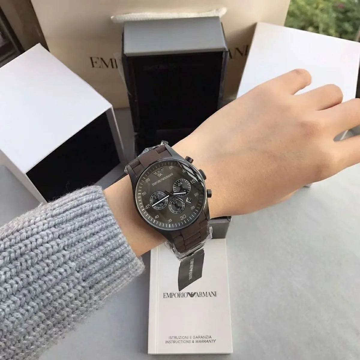 Emporio Armani Tazio Chronograph Black Dial Brown Silicone Strap Watch for Men - AR5990
