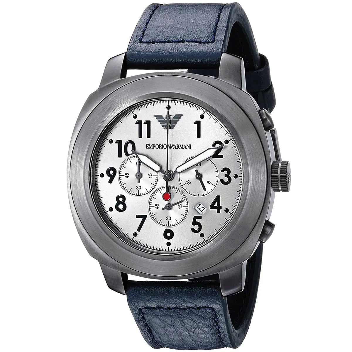Emporio Armani Sportivo Chronograph Silver Dial Blue Leather Strap Watch for Men - AR6086