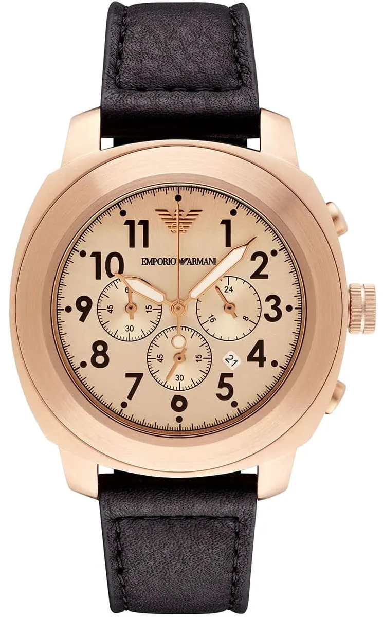 Emporio Armani Ruggero Chronograph Rose Gold Dial Black Leather Strap Watch for Men - AR6087