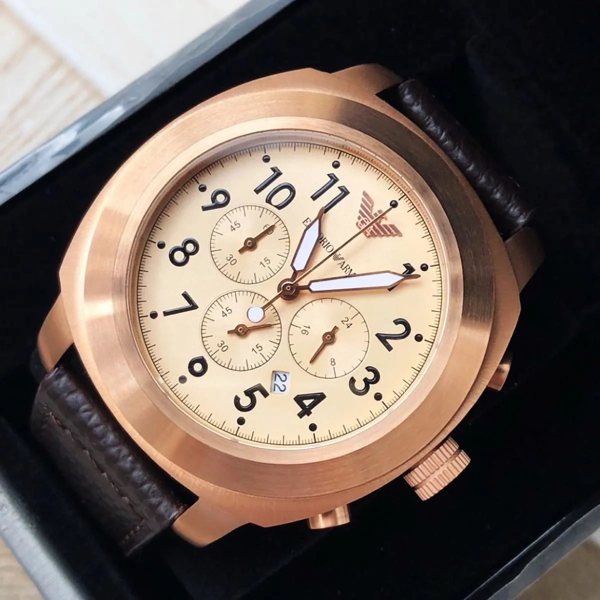 Emporio Armani Ruggero Chronograph Rose Gold Dial Black Leather Strap Watch for Men - AR6087