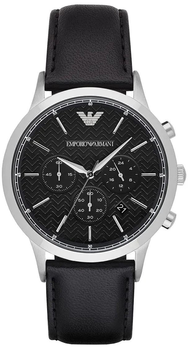 Emporio Armani Renato Chronograph Black Dial Black Leather Strap Watch for Men - AR8034