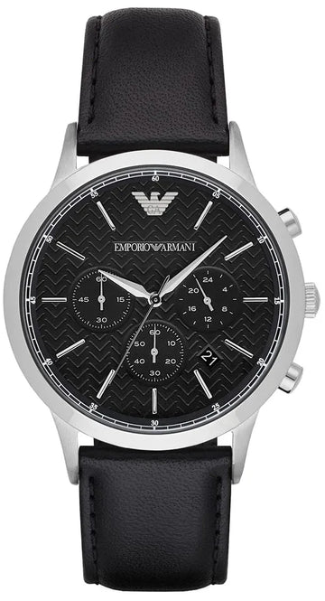 Emporio Armani Renato Chronograph Black Dial Black Leather Strap Watch for Men - AR8034