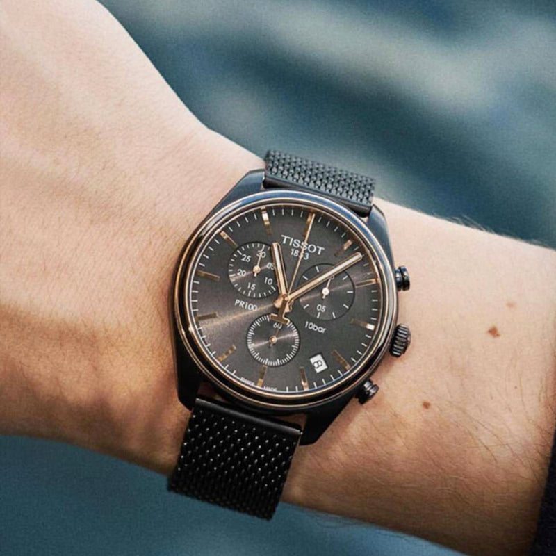 Tissot T Classic PR 100 Chronograph Anthracite Black Dial Black Mesh Bracelet Watch For Men - T101.417.23.061.00