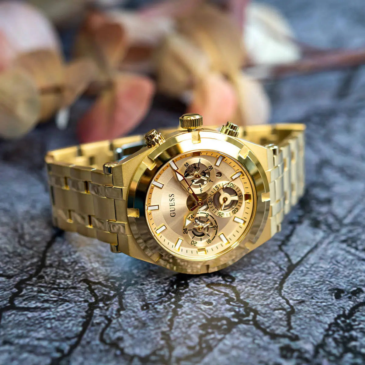 Guess Continental Gold Dial Gold Steel Strap Watch For Men - GW0260G4