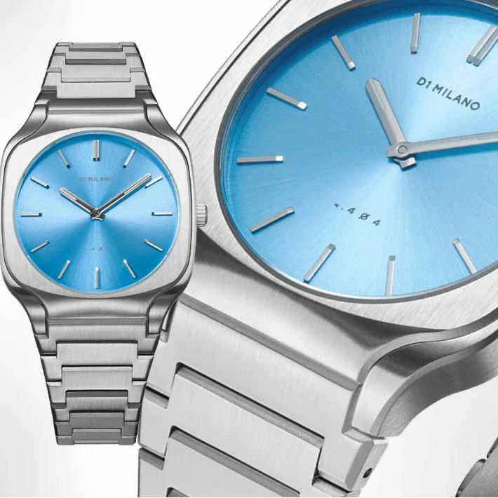 D1 Milano Square Maldives Sea Blue Dial Silver Steel Strap Watch for Men - D1-SQBJ05