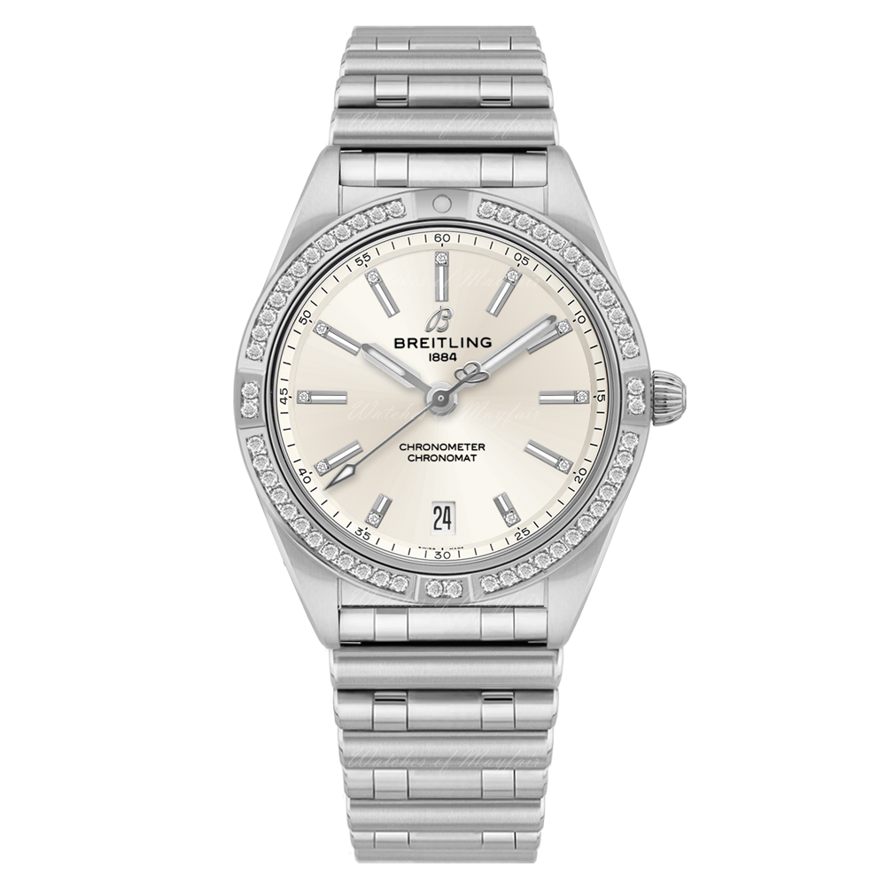 Breitling Chronomat Automatic 36 Diamonds White Dial Silver Steel Strap Watch for Women - A10380591A1A1
