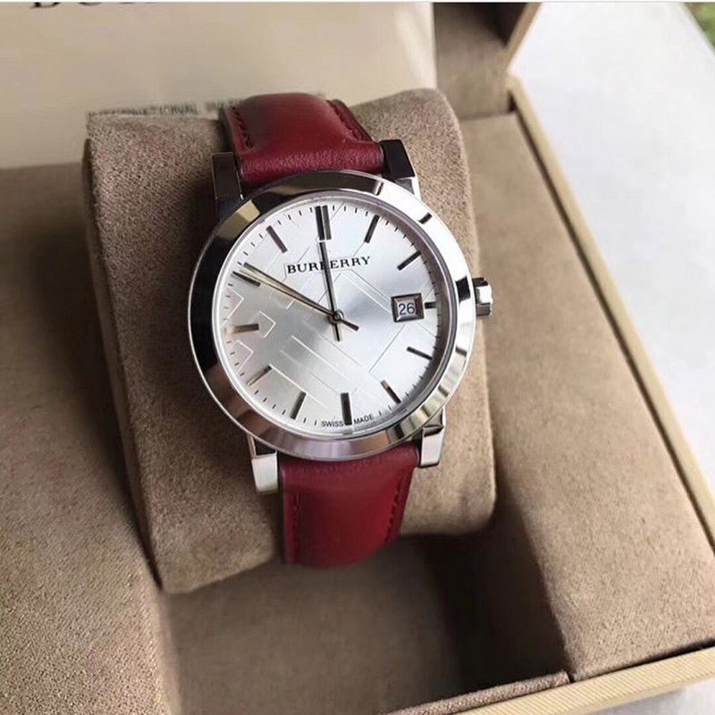 Burberry The City Silver Dial Red Leather Strap Watch for Women - BU9129
