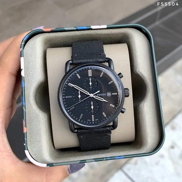 Fossil Commuter Black Dial Black Leather Strap Watch for for Men - FS5504