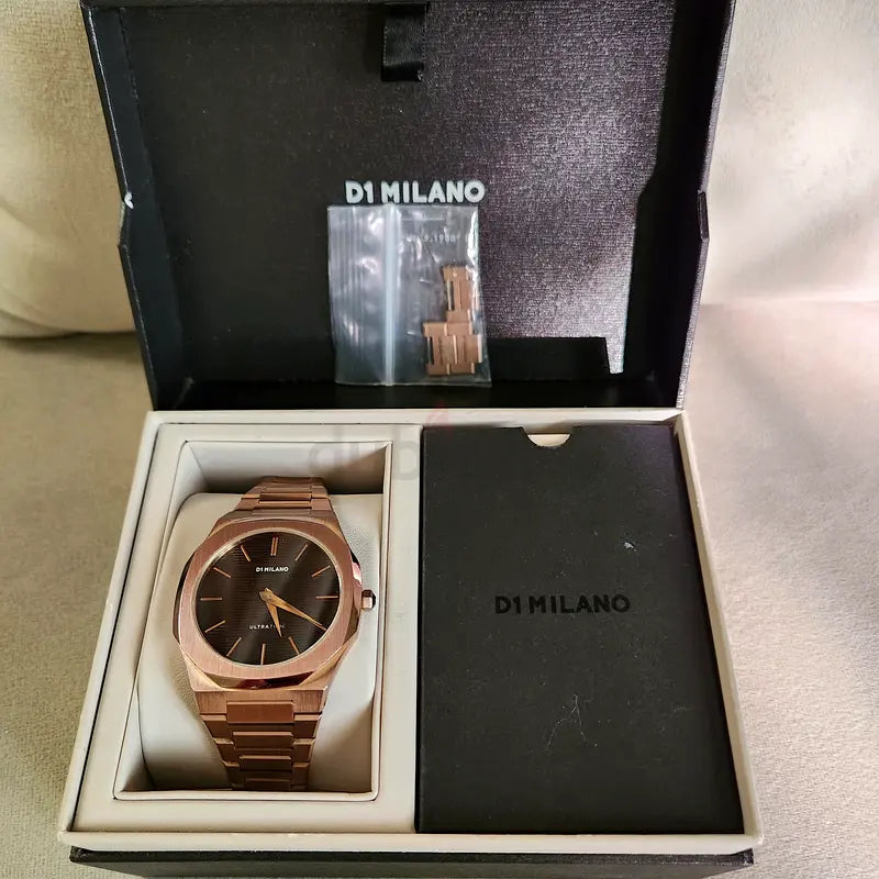 D1 Milano Ultra Thin Brown Dial Gold Steel Strap Watch for Men - D1-UTBJ13