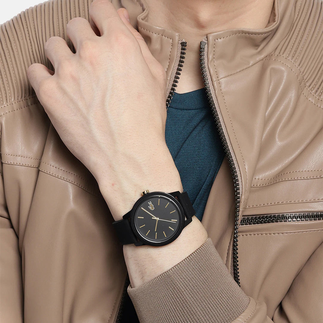 Lacoste 12.12 Black Dial Black Silicon Strap Watch for Men - 2011010