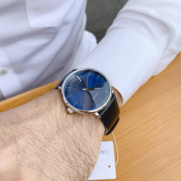 Calvin Klein High Noon Quartz Blue Dial Black Leather Strap Watch for Men - K8M211CN