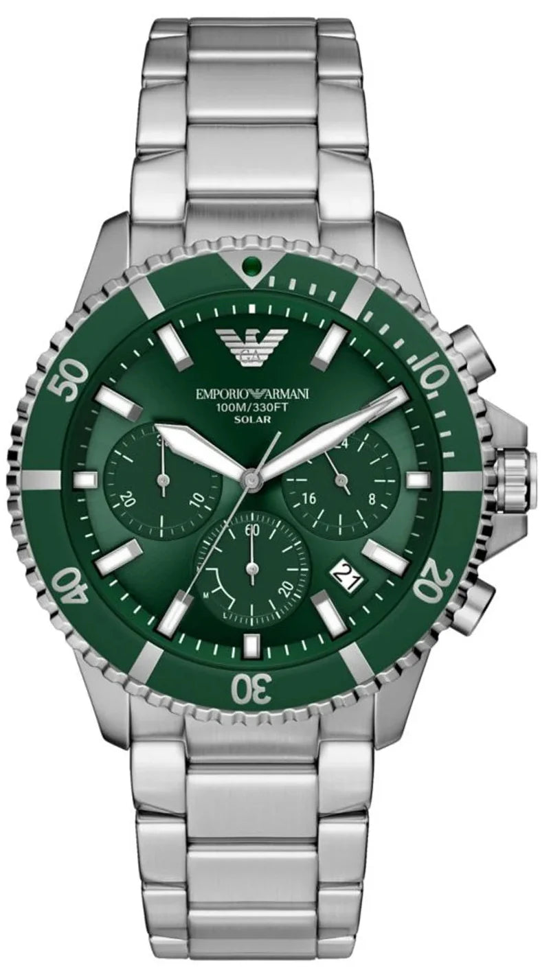 Emporio Armani World Explorer Solar Chronograph Green Dial Silver Steel Strap Watch for Men - AR11741