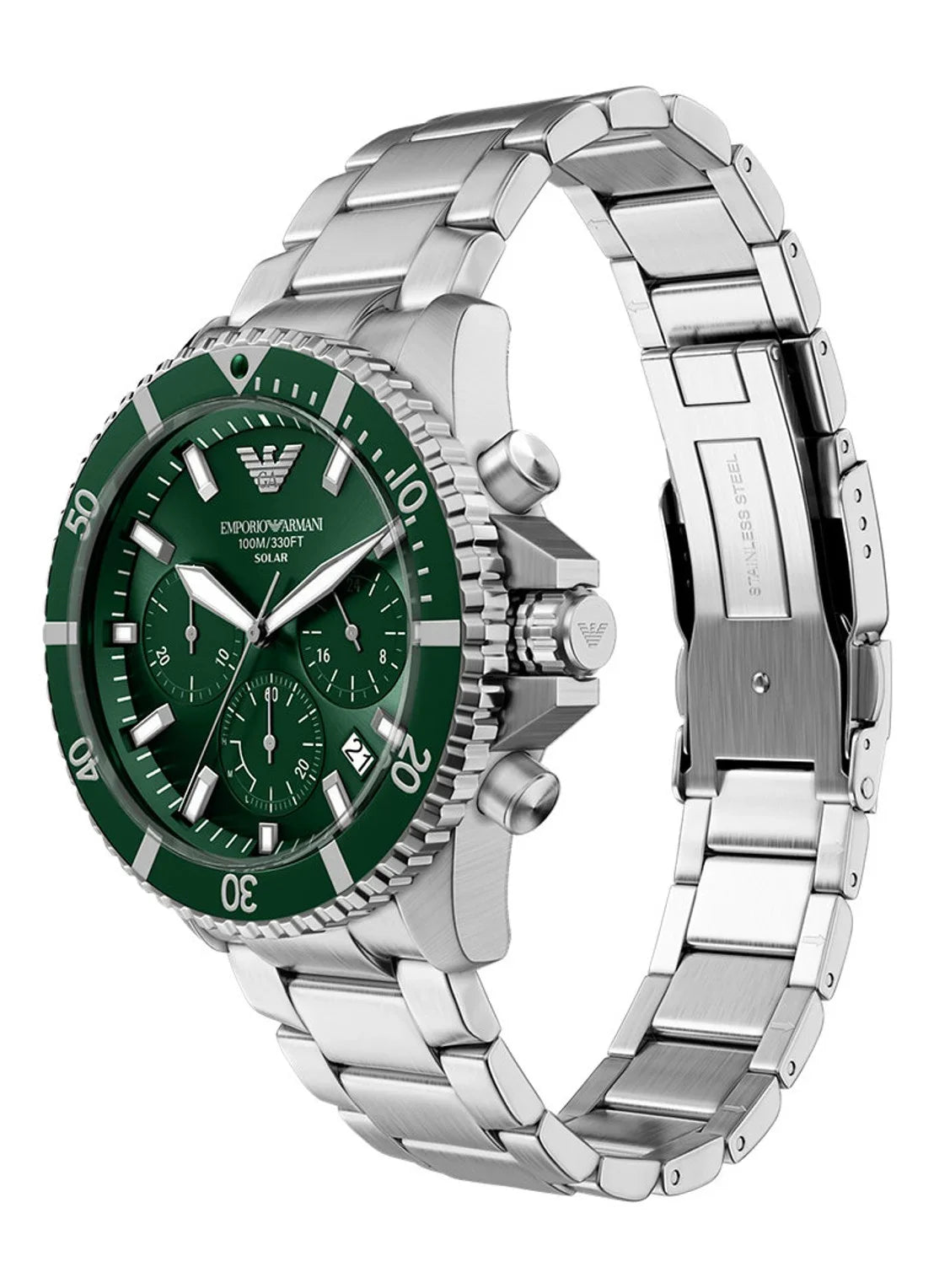 Emporio Armani World Explorer Solar Chronograph Green Dial Silver Steel Strap Watch for Men - AR11741
