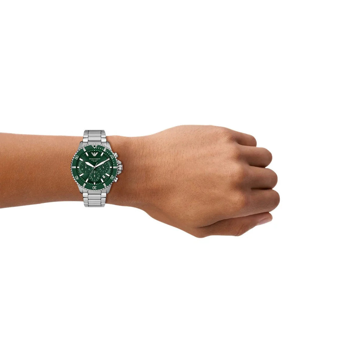 Emporio Armani World Explorer Solar Chronograph Green Dial Silver Steel Strap Watch for Men - AR11741