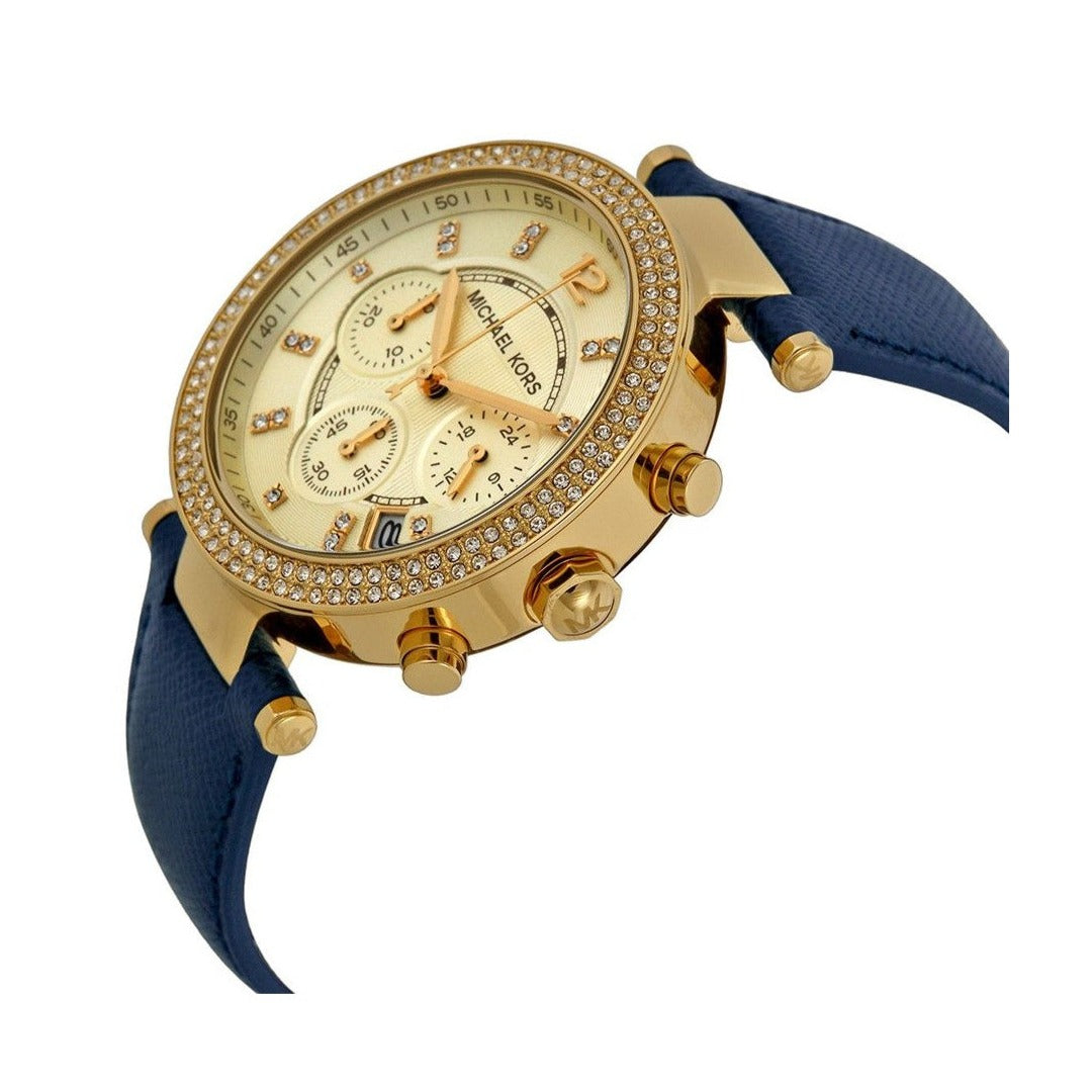 Michael Kors Parker Gold Dial Blue Leather Strap Watch for Women - MK2280