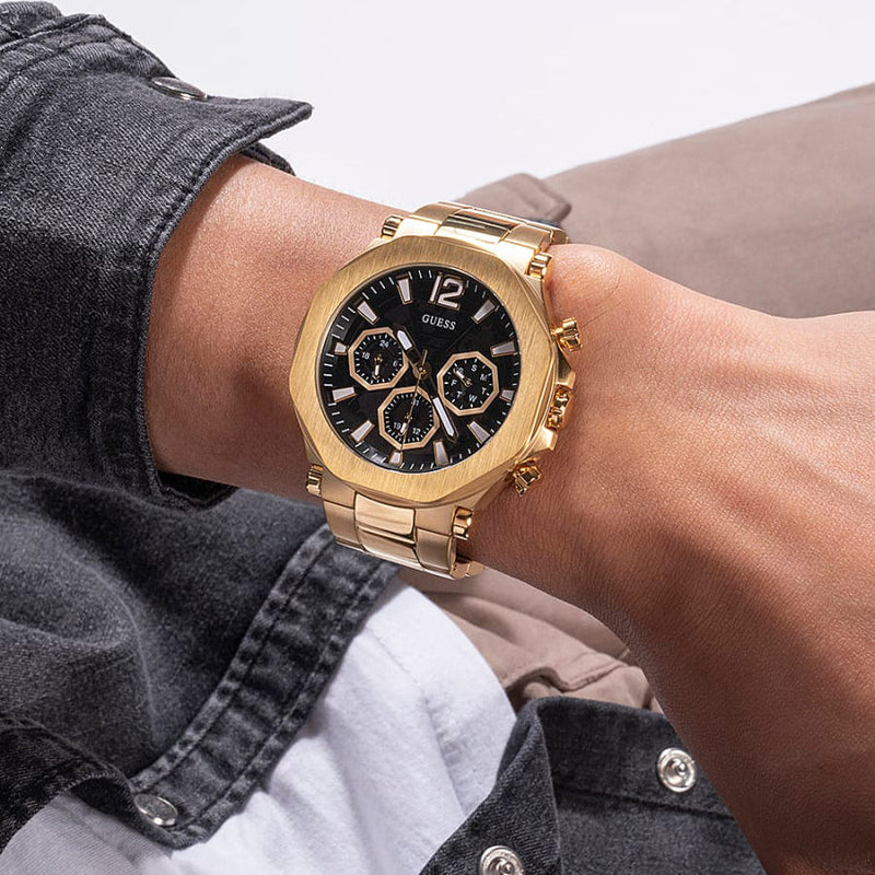 Guess Edge Chronograph Black Dial Gold Steel Strap Watch For Men - GW0539G2